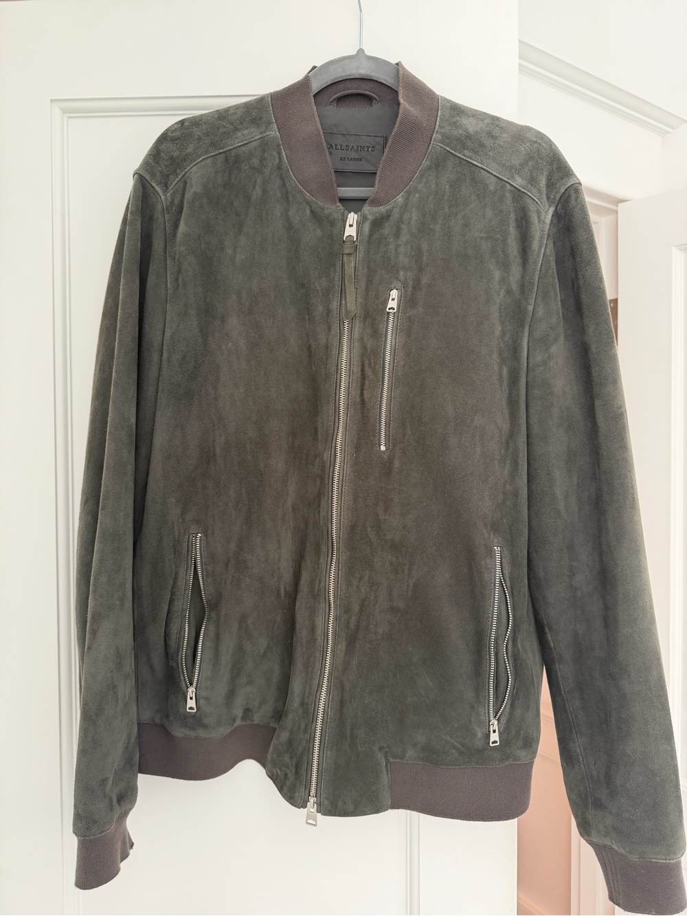 AllSaints Olive Suede Bomber Jacket